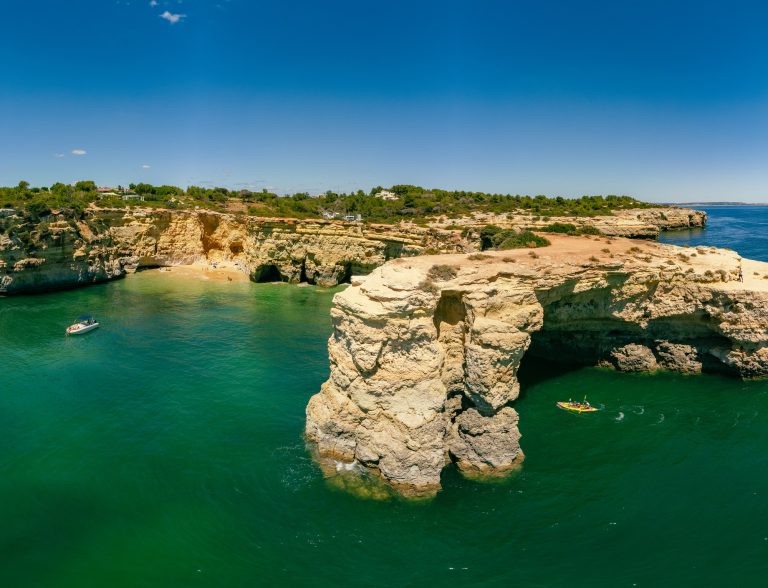 Aerial view of the Albandeira Beach (Praia da Albandeira) in Lagoa, Algarve, Portugal